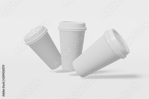 Three paper cup mockup with a lid flies on a white background. 3D rendering