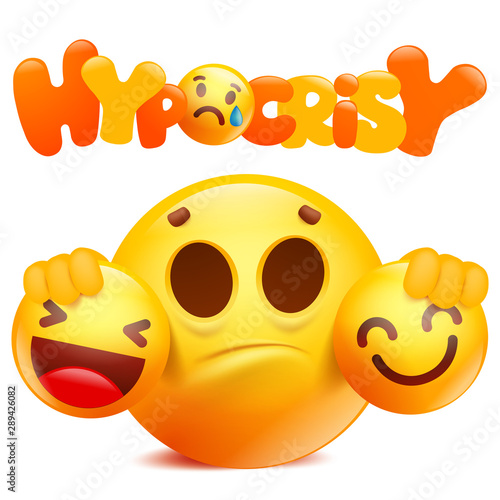 Cartoon emoji 3d yellow smile character hypocrisy. Social concept.