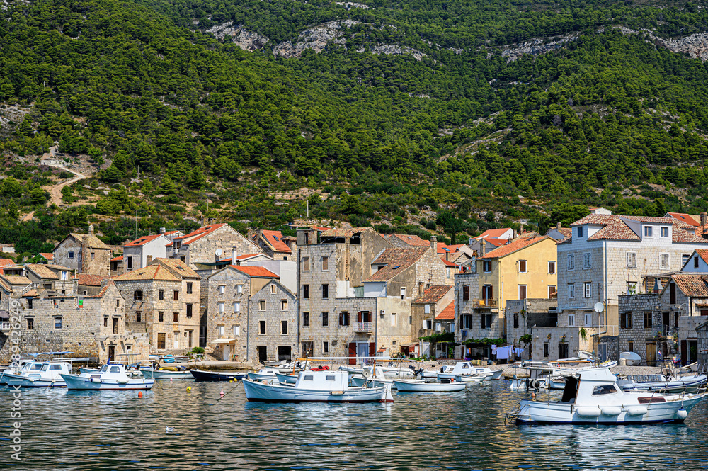 Seaside view of Komiža town on Vis island, Croatia