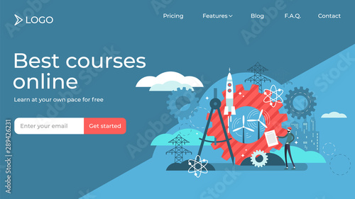 Engineering tiny persons vector illustration landing page template design.