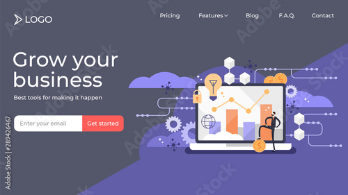 Fintech flat tiny perons vector illustration landing page template design.