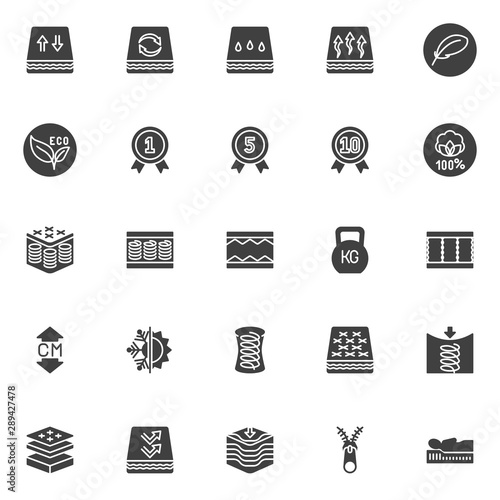 Orthopedic sleep vector icons set, modern solid symbol collection, filled style pictogram pack. Signs, logo illustration. Set includes icons as orthopedic mattress layers, breathable, spring, zipper