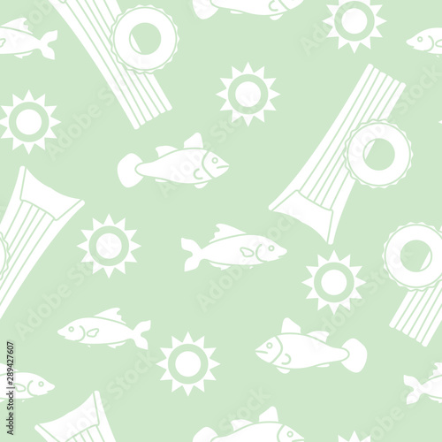 Pattern with fish, sun, inflatable mattress.