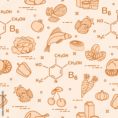 Seamless pattern with foods rich in vitamin B6.