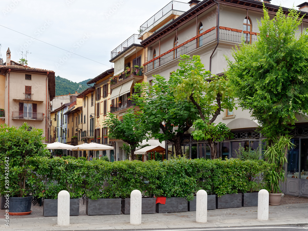 Sarnico, ITALY - August 7, 2019: Lake ISEO. Beautiful houses on a city street