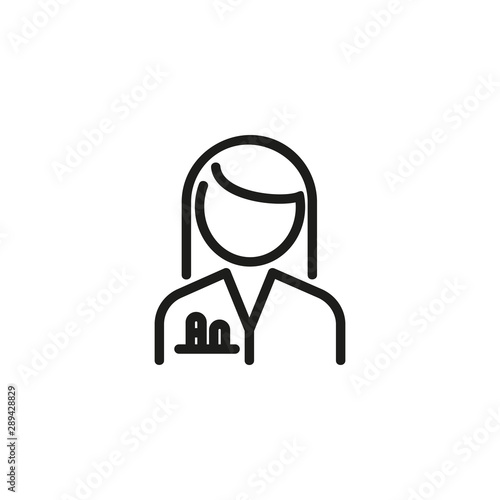 Scientist woman line icon. Female chemist in white coat with test tubes in pocket. Scientists concept. Vector illustration can be used for topics like chemistry, lab, research