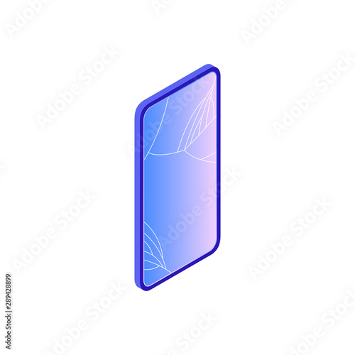 Vector isometric illustration of broken smartphone with damaged cracked screen. Floating device in  modern trendy gradient style. Various smartphone brake down reasons for gadget repair service. 