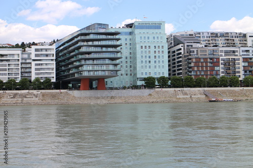 Bulding River park on Riverbank of Danube river with Bratislava castle, Bratislava, Slovakia