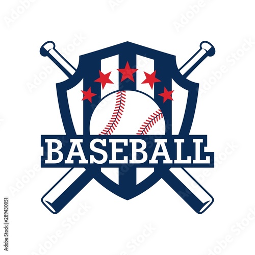 Color illustration of a shield, bat, baseball and text. Vector illustration on a sports theme. Baseball club emblem