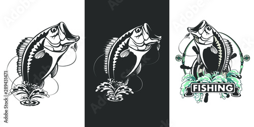 Fishing logo. Bass fish with rod club emblem. Fishing theme illustration. Isolated on white.