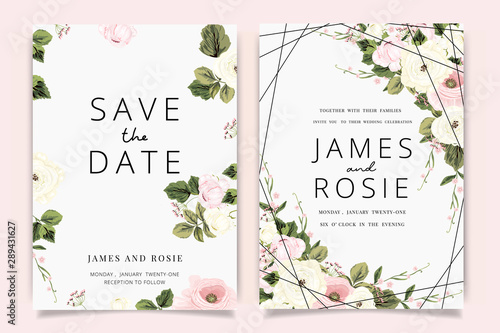 Luxury Wedding Invitation set,  invite thank you, rsvp modern card Design in Golden and pink rose with leaf greenery branches  decorative Vector elegant rustic template