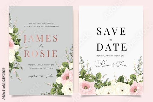 Luxury Wedding Invitation set,  invite thank you, rsvp modern card Design in Golden and pink rose with leaf greenery branches  decorative Vector elegant rustic template
