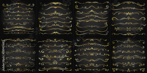 Hand drawn vector golden ornate swirl doodle vintage calligraphic flourish design elements. Borders, frames, dividers set for wedding greeting and invitation card.