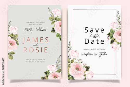 Luxury Wedding Invitation set,  invite thank you, rsvp modern card Design in Golden and pink rose with leaf greenery branches  decorative Vector elegant rustic template