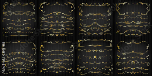 Hand drawn vector golden ornate swirl doodle vintage calligraphic flourish design elements. Borders, frames, dividers set for wedding greeting and invitation card.