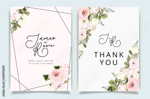 Luxury Wedding Invitation set,  invite thank you, rsvp modern card Design in Golden and pink rose with leaf greenery branches  decorative Vector elegant rustic template