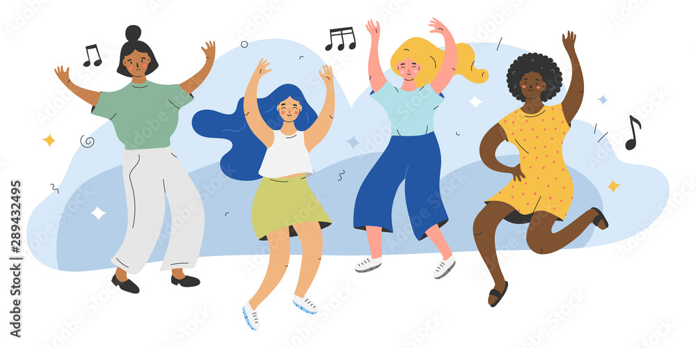Young cute happy dancing girls characters, female crowd of dancers to music  isolated. Smiling young women enjoying dance party. Vector illustration in  modern trendy flat cartoon style. Stock Vector | Adobe Stock