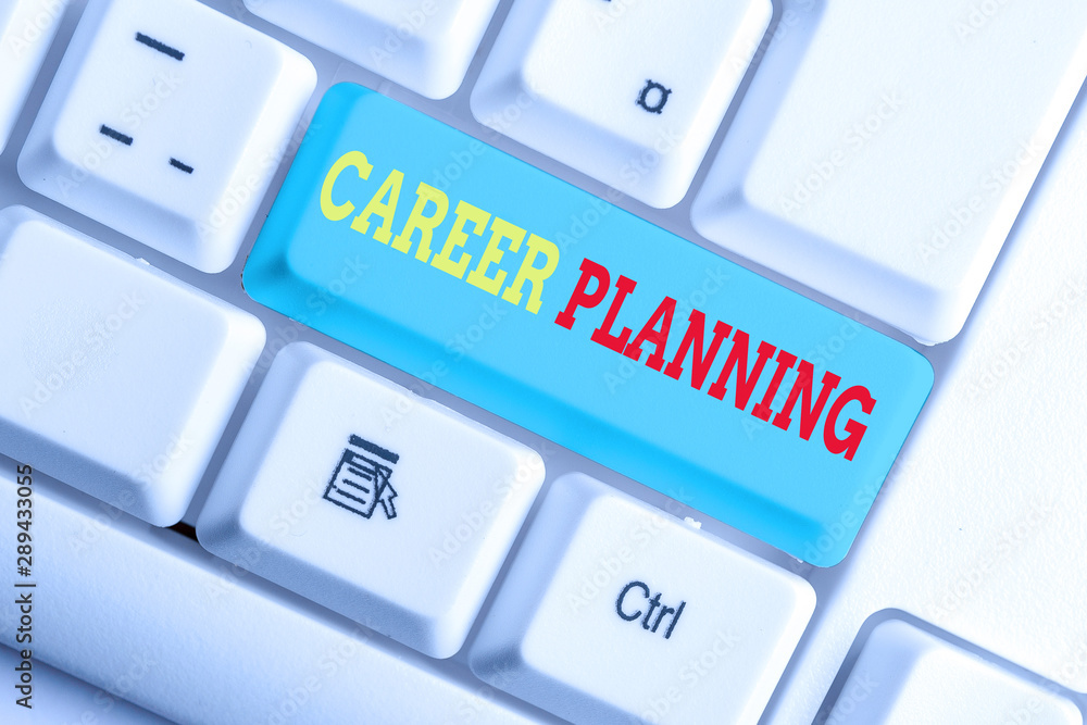 Text sign showing Career Planning. Business photo showcasing Strategically plan your career goals and work success White pc keyboard with empty note paper above white background key copy space