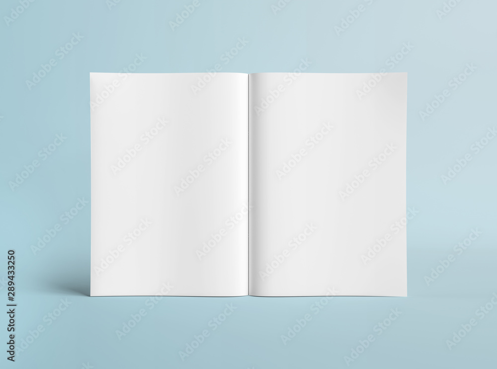 Blank A4 standing magazine Mockup isolated on blue background 3D rendering Blank A4 standing magazine Mockup isolated on blue background 3D rendering