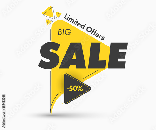 Modern yellow triangular vector sticker on the leg template for big sale. © olegphotor