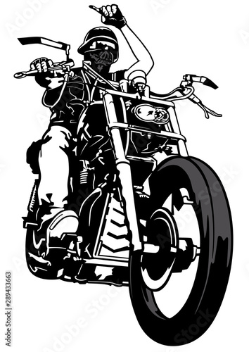 Biker From Gang - Black and White Outline Illustration with Rider on Motorcycle, Vector