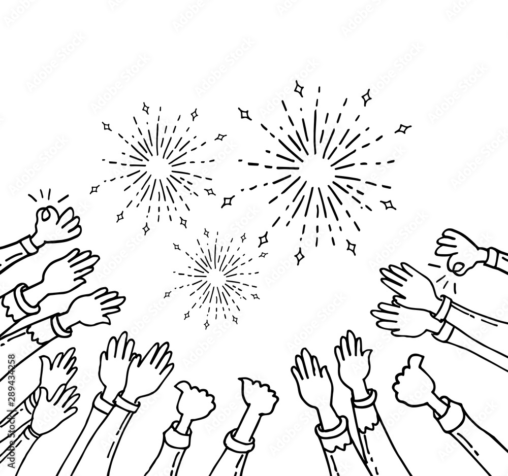 doodle hands clapping. hands up applause. thumbs up in hand draw style with fire work doodle hands clapping. hands up applause. thumbs up in hand draw style with fire work