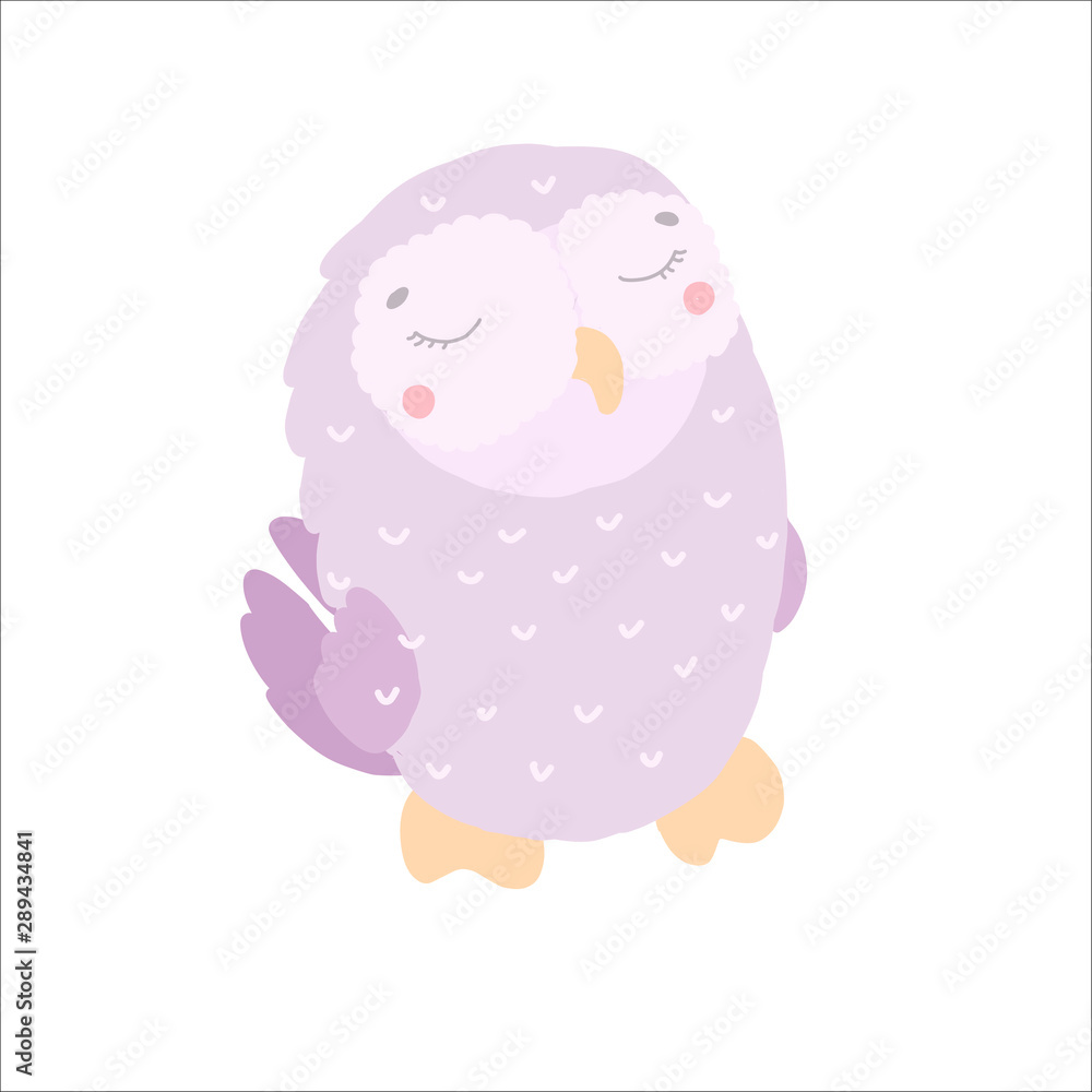 Cute kawaii owl, violet in flat style, children's illustration, cartoon character Cute kawaii owl, violet in flat style, children's illustration, cartoon character