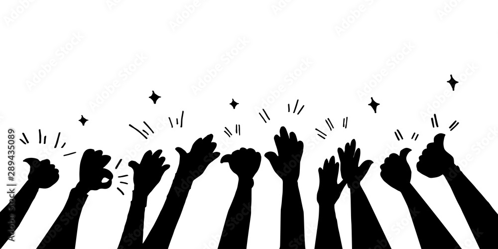 Plakat hand drawn of Hands clapping. applause people hands up and thumbs up gestures. sign for congratulation, human ovation celebrating applause. silhoutte vector illustration