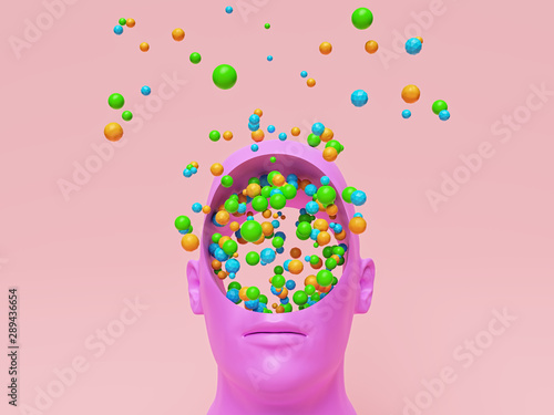 Concept art of colorful creative Imagination. pink head with a round hole and many multicolored balls. 3d rendering