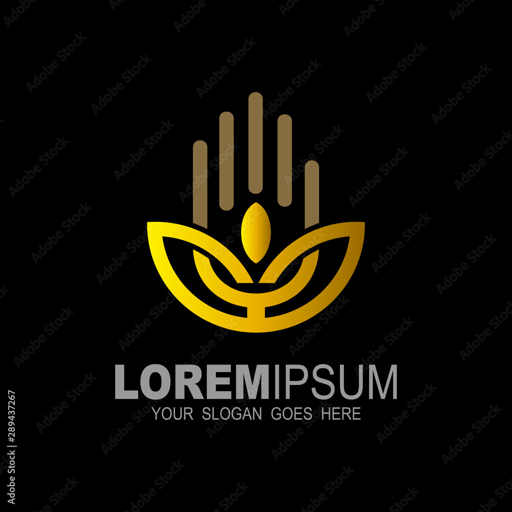 Leaf logo and hand with line design illustration, gold logo Leaf logo and hand with line design illustration, gold logo