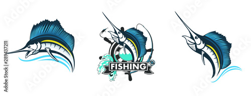 Fishing logo. Bass fish with rod club emblem. Fishing theme illustration. Isolated on white.