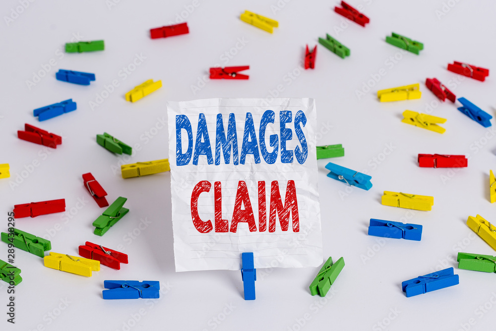 Text sign showing Damages Claim. Business photo showcasing Deanalysisd Compensation Litigate Insurance File Suit Colored clothespin papers empty reminder white floor background office Text sign showing Damages Claim. Business photo showcasing Deanalysisd Compensation Litigate Insurance File Suit Colored clothespin papers empty reminder white floor background office