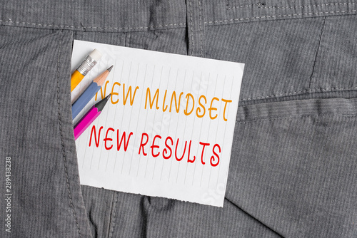 Word writing text New Mindset New Results. Business photo showcasing obstacles are opportunities to reach achievement Writing equipment and white note paper inside pocket of man work trousers