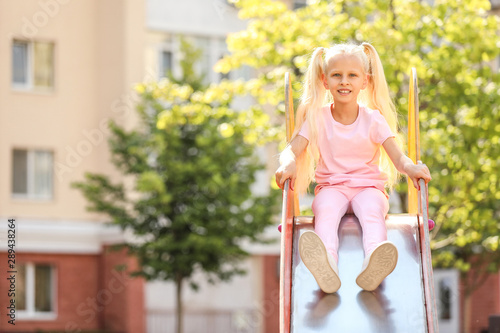 Cute little girl sliding on playground © Pixel-Shot