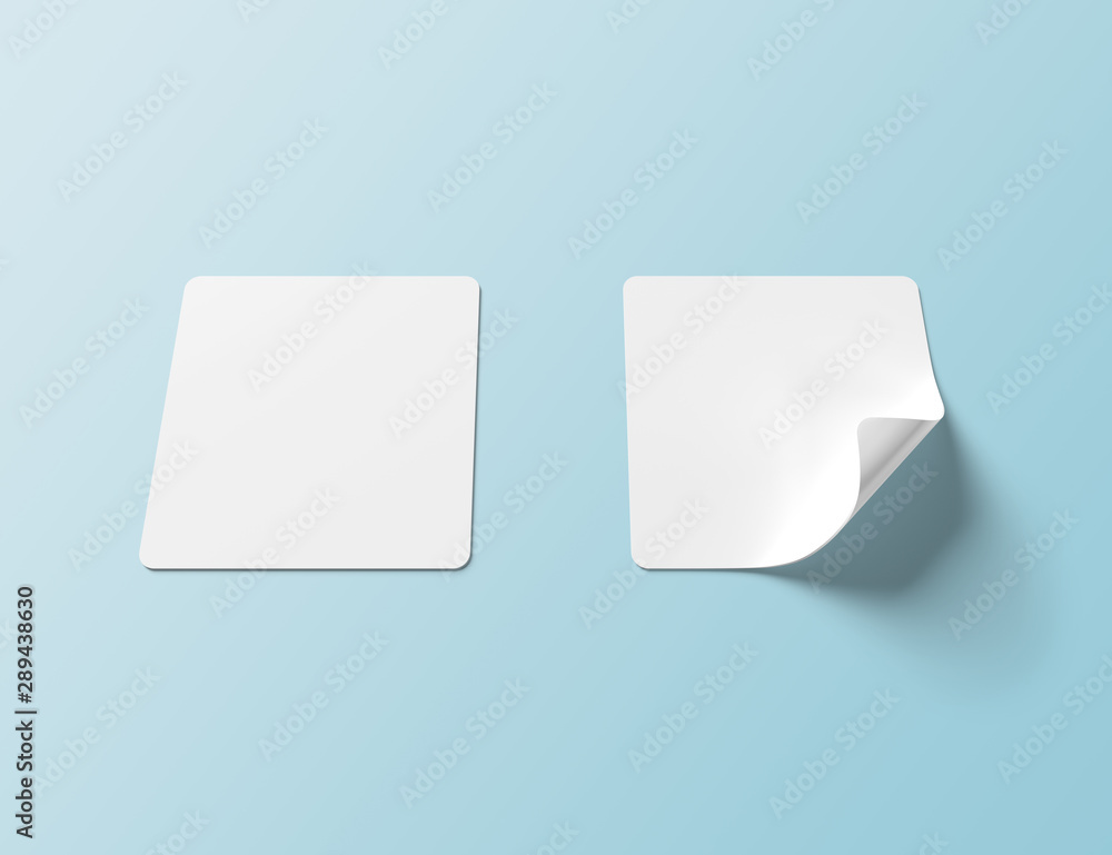 Squared shaped sticker mockup isolated on blue background 3D rendering Squared shaped sticker mockup isolated on blue background 3D rendering