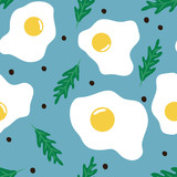 Vector seamless pattern of scrambled eggs, arugula and pepper on blue background