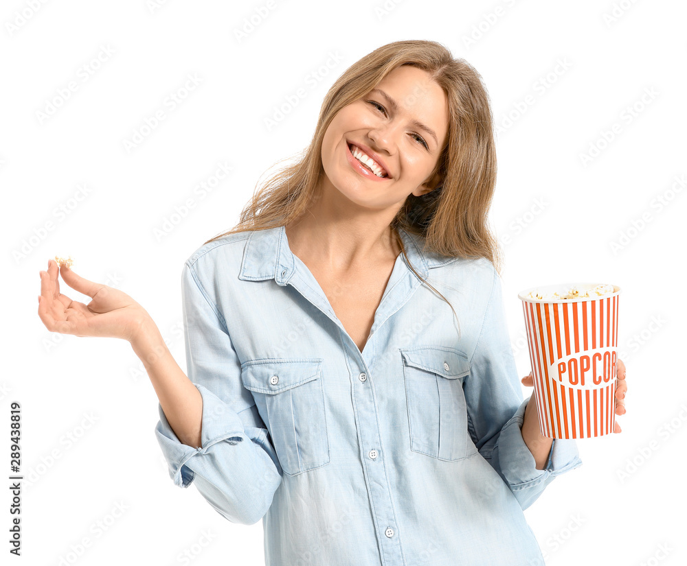 Young woman with popcorn on white background Young woman with popcorn on white background