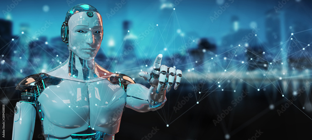 White robot using floating digital network connections with dots and lines 3D rendering White robot using floating digital network connections with dots and lines 3D rendering