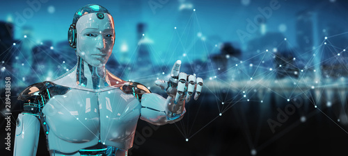 White robot using floating digital network connections with dots and lines 3D rendering