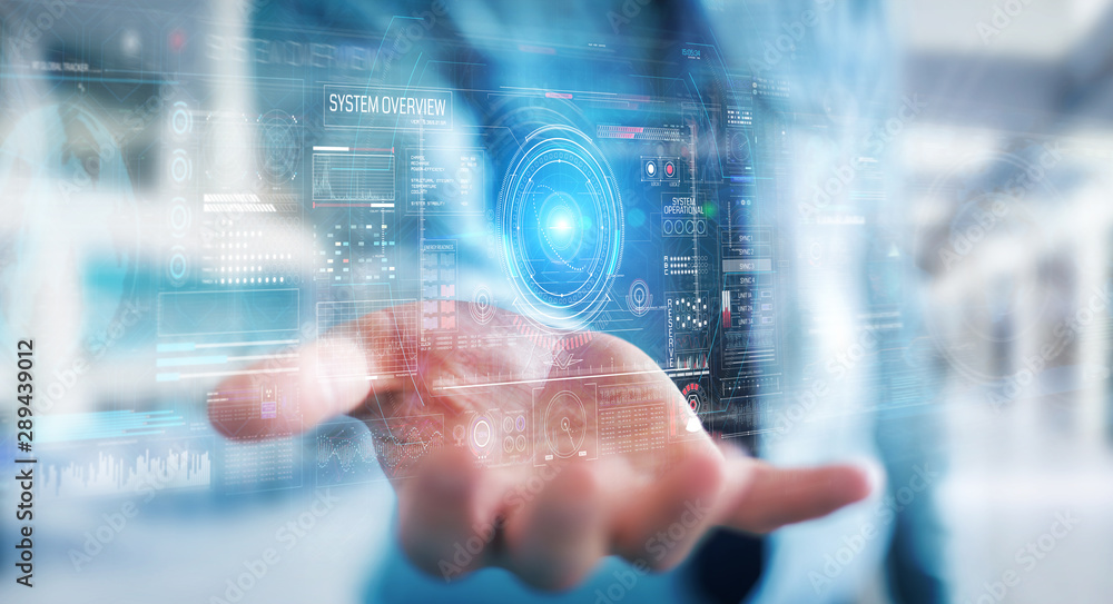 Businessman using digital technological interface with datas 3D rendering Businessman using digital technological interface with datas 3D rendering