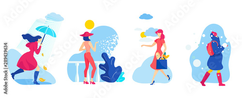 Set Woman Different Season and Weather Conditions.