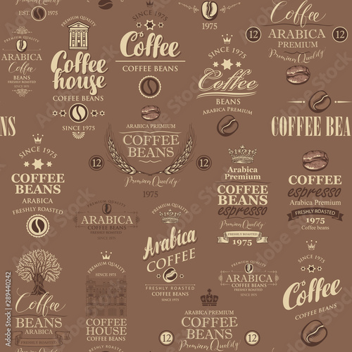 Vector seamless pattern on coffee and coffee house theme with various labels in retro style on the brown background. Suitable for wallpaper, wrapping paper, textile, fabric