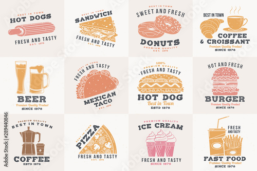 Set of fast food retro badge design. Vintage design with hotdog  burger  pizza for cafe  restaurant  pub or fast food business. Template for restaurant identity objects  packaging and menu