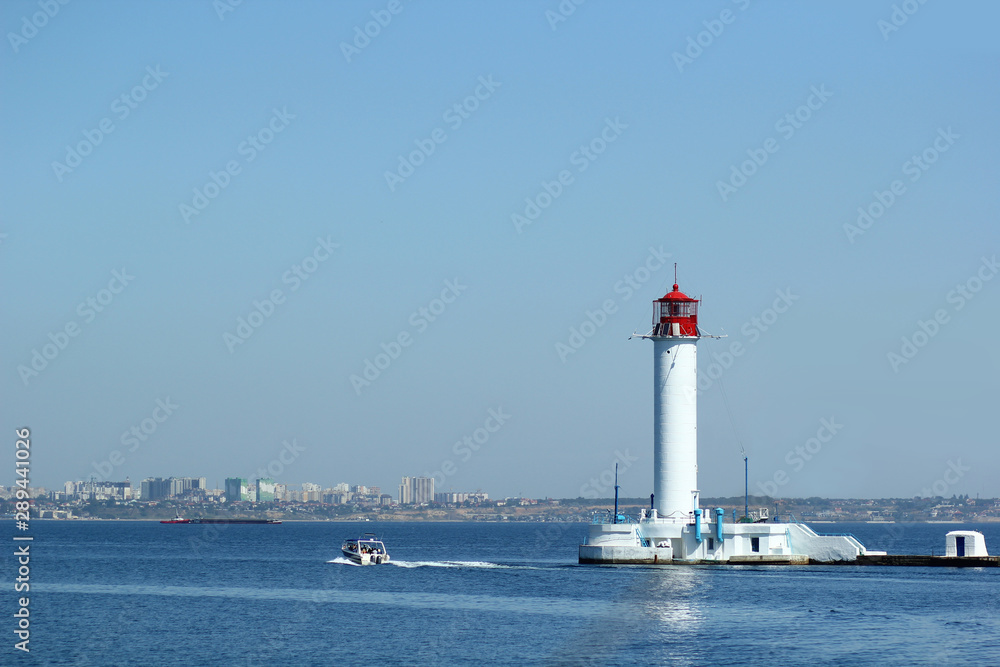 Picturesque sea view of Odessa and a lighthouse, Ukraine