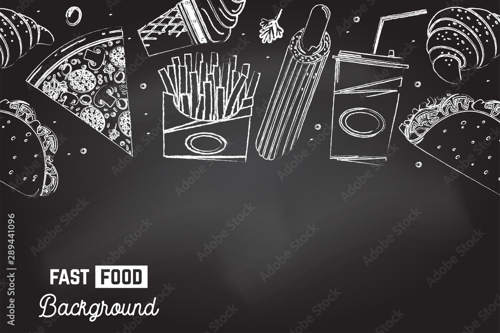 Seamless pattern with american fast food. Fast food background. Vector. Ice cream, soda, croissant, hot dog, mexican taco and pizza drawing on the chalkboard Seamless pattern with american fast food. Fast food background. Vector. Ice cream, soda, croissant, hot dog, mexican taco and pizza drawing on the chalkboard