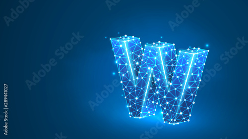 Letter w. World wide web, domain, www, internet, web address, online, website, profile, technology concept. Abstract, digital, wireframe, low poly mesh, vector blue neon 3d illustration. Line, dot