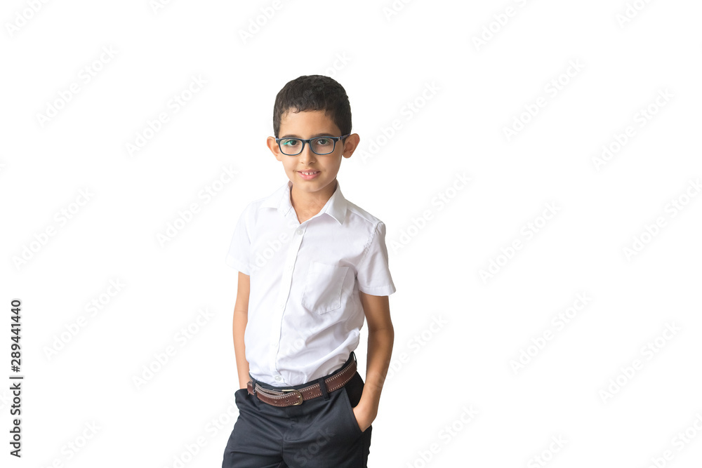 Happy boy in spectacles and shirt. Isolated over white background. Schoolboy. Teenager. Happy boy in spectacles and shirt. Isolated over white background. Schoolboy. Teenager.