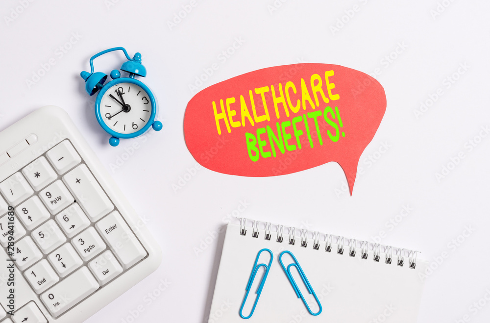 Fototapeta premium Word writing text Healthcare Benefits. Business photo showcasing monthly fair market valueprovided to Employee dependents Blank paper with copy space on the table with clock and pc keyboard