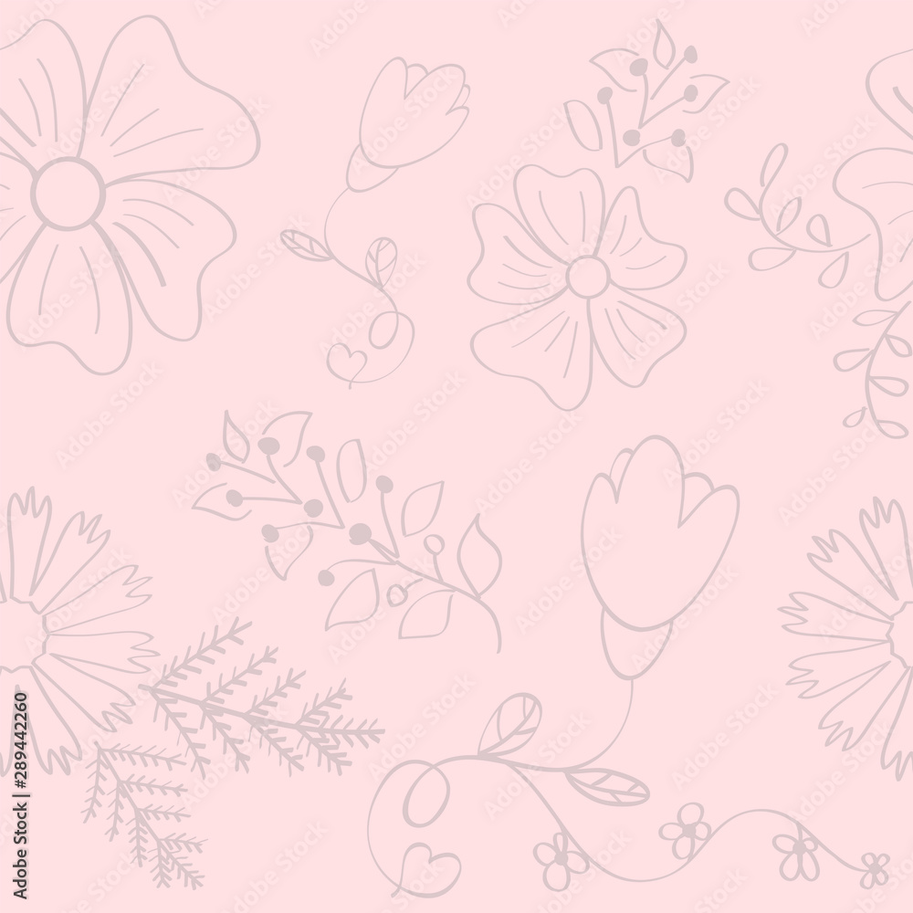 Floral seamless pattern with flowers and leaves. Beautiful abstract texture with blossom. Vector background with pink pastel color. Sketch illustration