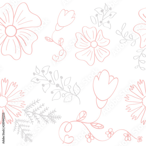 Floral seamless pattern with flowers and leaves. Beautiful abstract texture with blossom isolated on the white background. Colorful vector illustration
